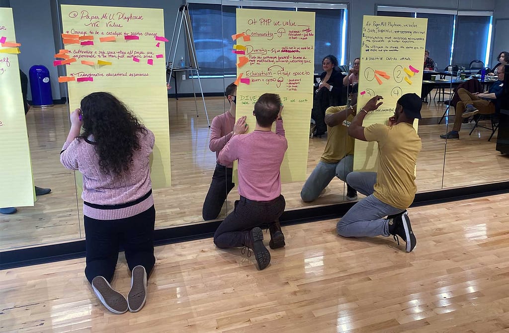 Three people kneeling in front of large yellow sheets of paper attached to a mirror, writing or drawing with markers. The individuals are participating in a group activity during a workshop, brainstorming or outlining ideas. The room has a hardwood floor, and in the background, other participants are seated at tables, observing or engaging in their own tasks. The notes on the paper include various themes related to values, community, diversity, and education. The overall environment suggests a collaborative and interactive setting.