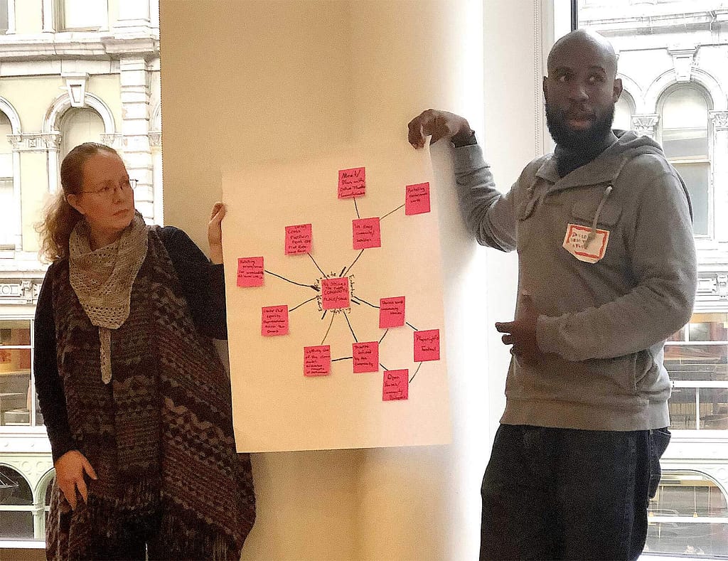Two people standing in front of a large sheet of paper with a mind map or concept diagram created using pink sticky notes. One person, a light-skinned woman wearing a patterned scarf and sweater, holds the sheet, while the other, a brown-skinned man in a gray hoodie with a name tag, gestures towards it as if explaining the content. The background features large windows with a view of an old building with ornate architecture, indicating an urban setting. The scene suggests a brainstorming session, workshop, or collaborative presentation.