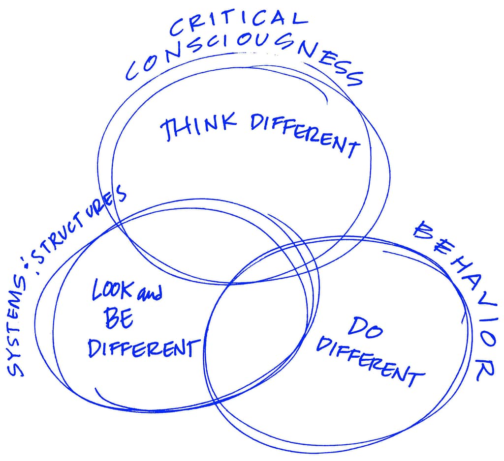 A hand-drawn Venn diagram in blue ink with three overlapping circles. Each circle is labeled with different concepts: The top circle is labeled ‘CRITICAL CONSCIOUSNESS’ and contains the phrase ‘THINK DIFFERENT.’ The left circle is labeled ‘SYSTEMS & STRUCTURES’ and contains the phrase ‘LOOK and BE DIFFERENT.’ The right circle is labeled ‘BEHAVIOR’ and contains the phrase ‘DO DIFFERENT.’ The diagram highlights the intersections between critical consciousness, systems & structures, and behavior, suggesting that change involves thinking, looking, being, and doing things differently.