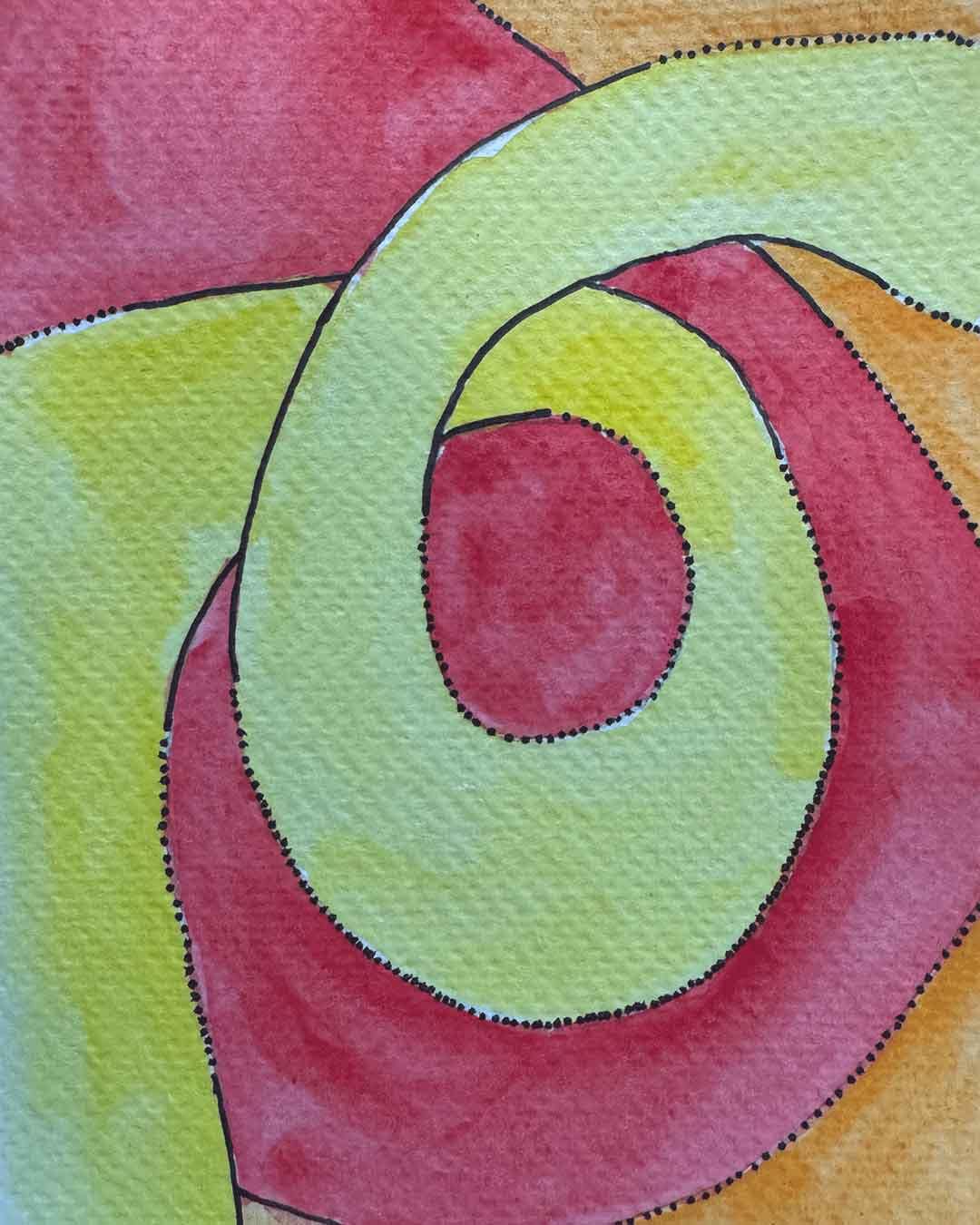 A large lime green line outlined in black curves up from the bottom left, makes a large clockwise loop in the center, then curves off the upper right side of the image. The background is red with hints of pink, with an orange triangle filling the upper right corner and another orange triangle filling the bottom right corner. The shapes are hand-painted and slightly irregular. The painted surfaces show subtle texture and color variation typical of wet watercolor medium. 