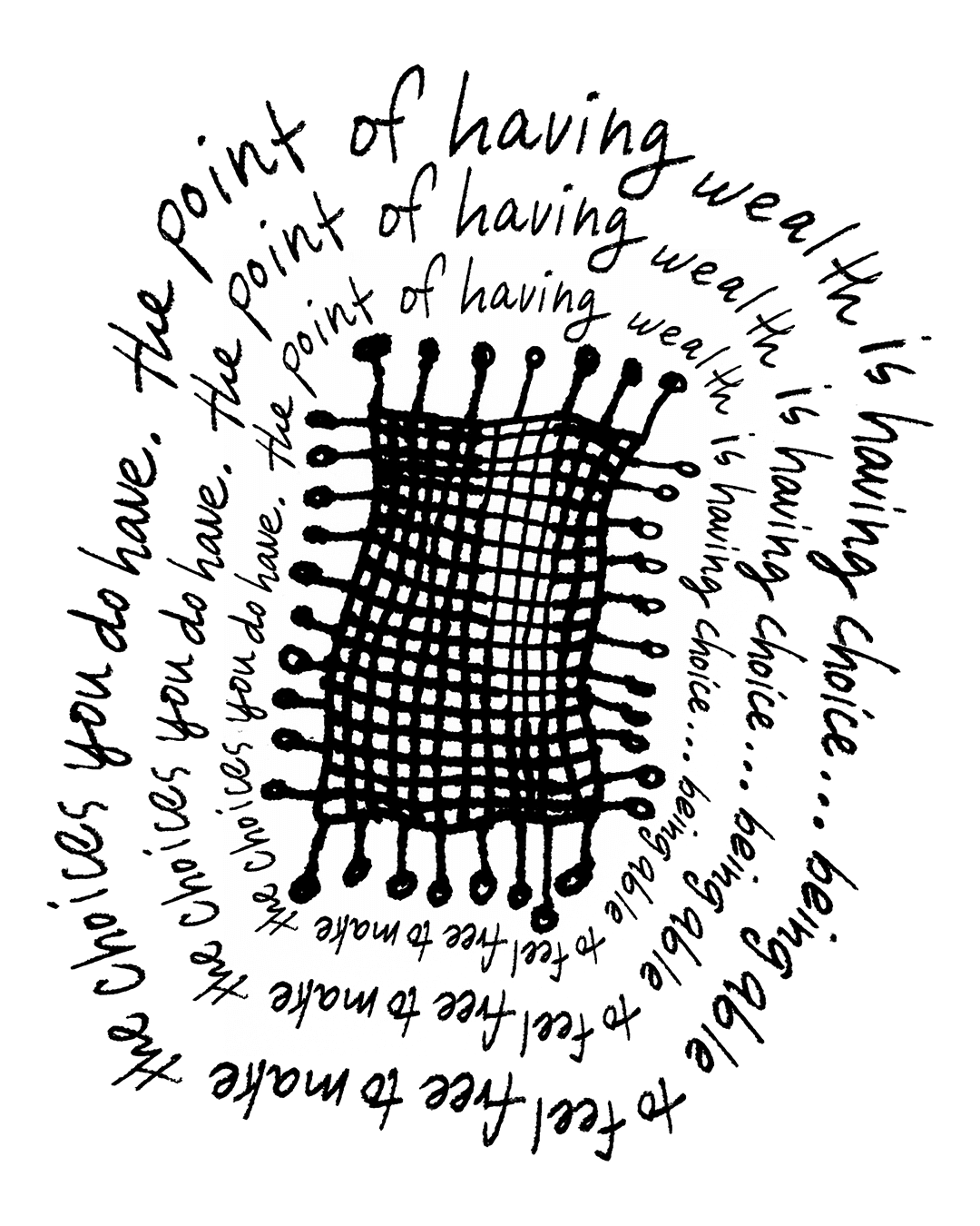 On a plain white background, the featured quote is handwritten in three concentric ovals, with each inner oval featuring smaller-sized text than the previous. These rings of text surround a black drawing of a net-like shape made from intersecting vertical and horizontal black lines that begin and end in partially filled circles.