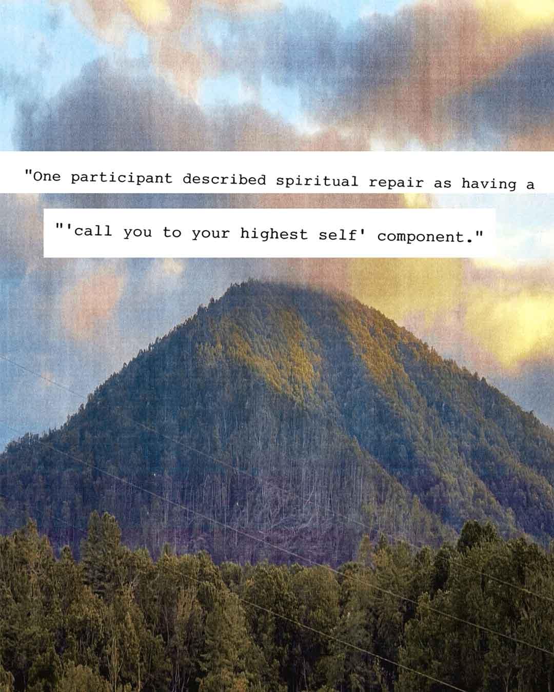 A faded and distressed color photograph of a tree-covered mountain in the middle distance, with a line of densely packed trees in the foreground, and three angled power lines in the extreme foreground. The mountain is fairly symmetrical and centered in the frame, and it extends up to just above the halfway point of the photograph. The rest of the photo is a sky filled with large, shaggy clouds with dark areas in purplish-gray and sunlit areas in deep orange and bright yellow. There is an overall slightly purple or reddish hue to the photo, giving it a vintage feel. Above the mountain are two lines of black text in a monospaced typewriter font, with each line floating in its own white rectangle. The rectangles are parallel to the edges of the image, but the lines of text are each tilted at a slightly different angle, which creates a hand-assembled collage type of effect for the text elements. 