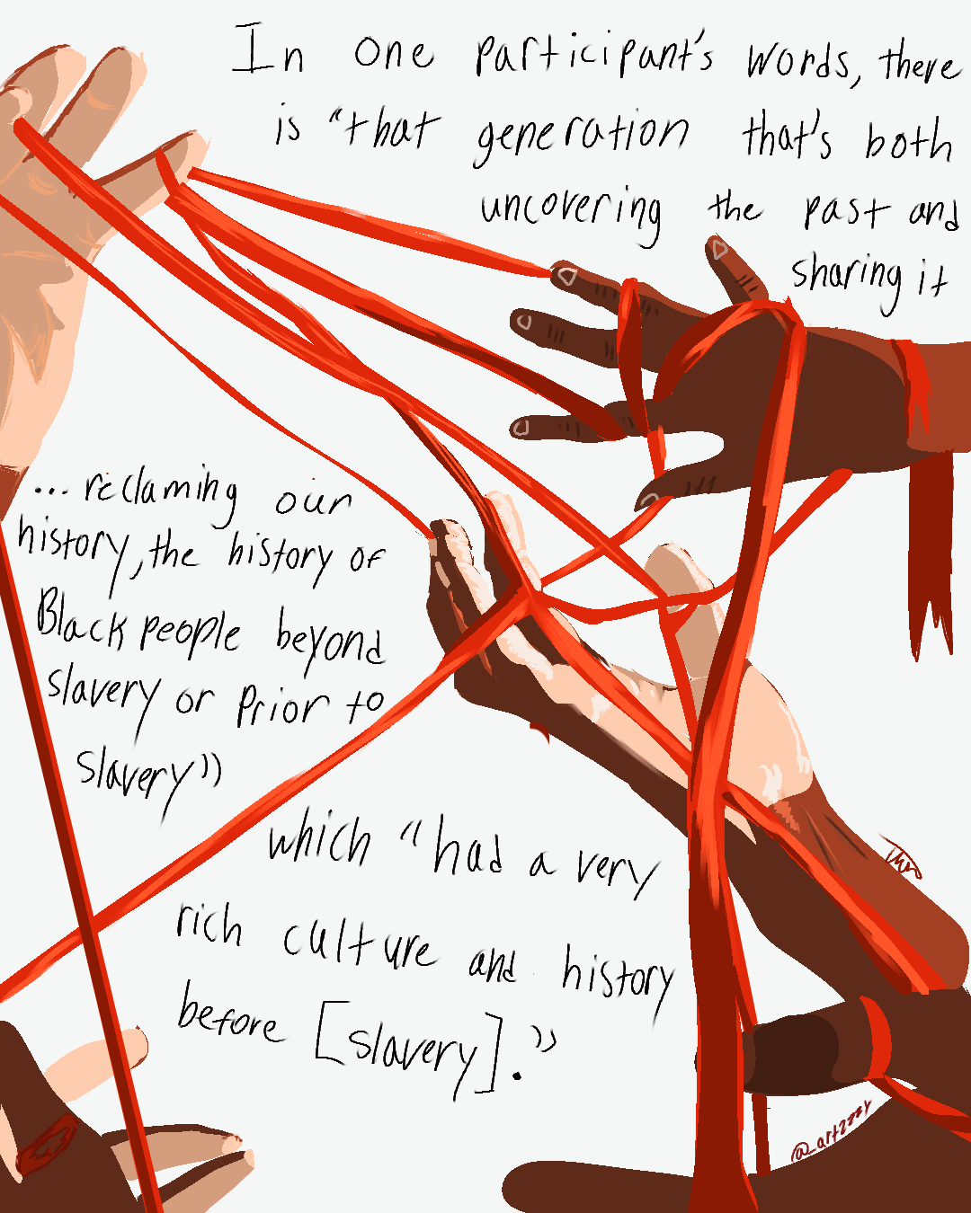 Illustration of multiple hands in different skin tones reaching in from the edges, connected by a web of bright red string. Overlaid handwritten quote: “In one participant’s words, there is ‘that generation that’s both uncovering the past and sharing it … reclaiming our history, the history of Black people beyond slavery or prior to slavery,’ which ‘had a very rich culture and history before [slavery].’”