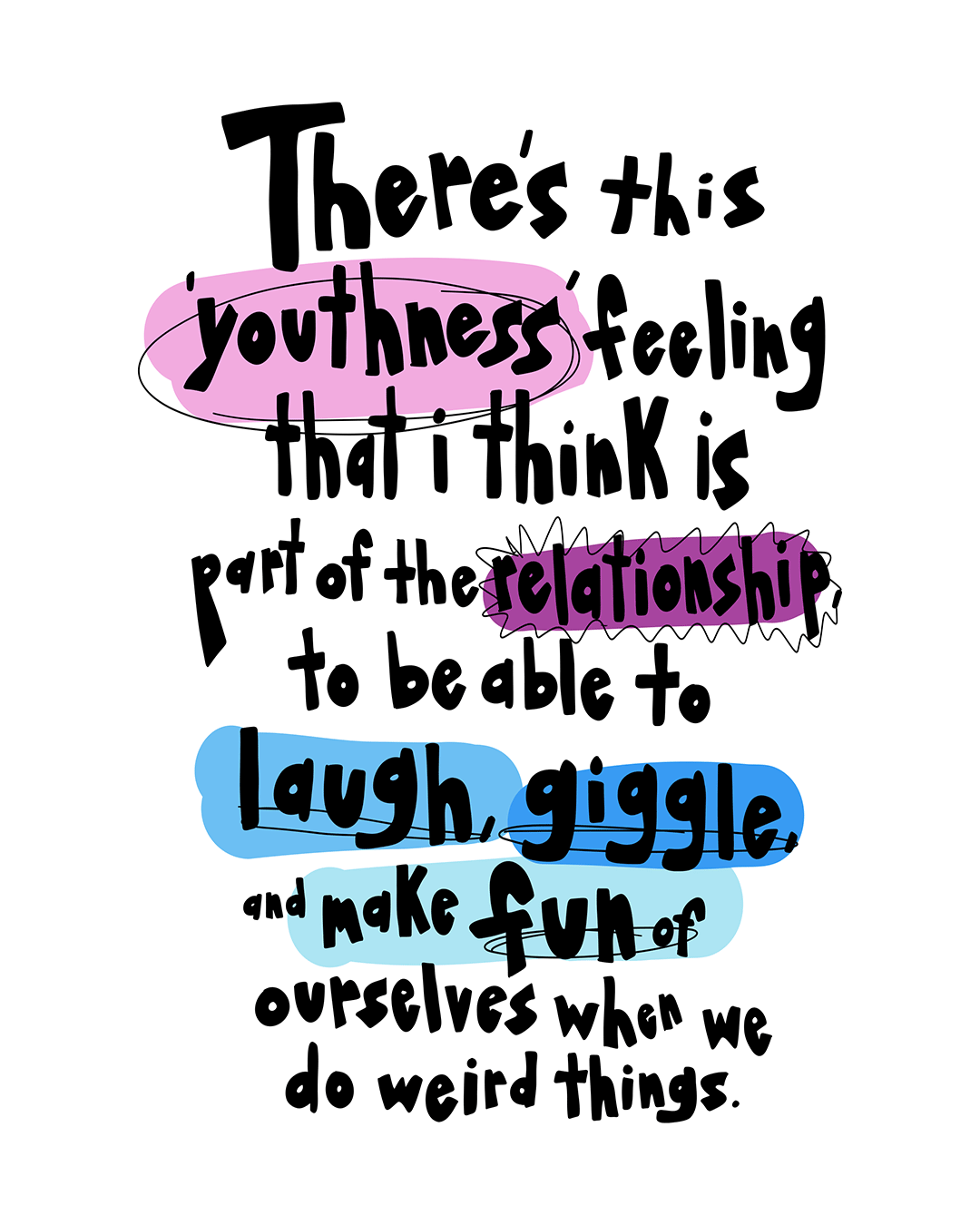 A block of center-aligned text, with thick black letters in an irregular "poster-lettering" handwritten style typeface, float over a plain white background. Certain words are decorated with circles, jagged outlines, or squashed ovals that serve as underlines. Those same words are also highlighted with large, irregular blobs in colors that range from a medium pink, to a deep purple, to multiple shades of blue. 