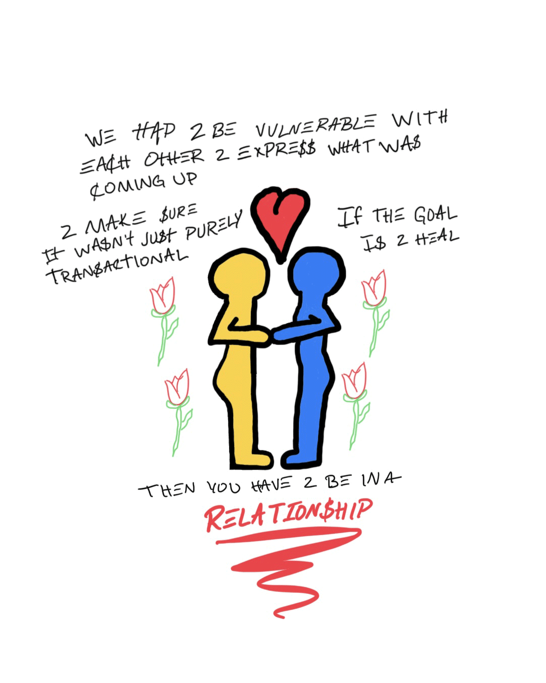 Hand-drawn quote on a white background: a yellow and a blue Keith Haring-like figures face each other holding hands under a red heart, surrounded by small pink flowers. Text reads, “We have to be vulnerable with each other & express what was coming up… make sure it wasn’t just purely transactional… If the goal is to heal, then you have to be in a relationship,” with the word “RELATIONSHIP” emphasized in red.