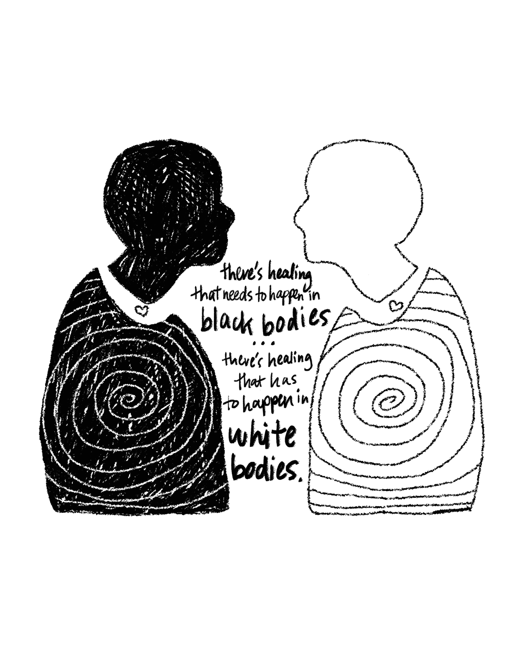 Two hand-drawn silhouettes of people shown in profile from the torso up, in black ink on a plain white background. The figure on the left is filled in with the black ink, with a small heart drawn along the neck and a white spiral, created by negative space, filling the torso area. This figure is facing the center of the composition. The figure on the right is a mirror reflection of the left figure, but drawn in black outlines, with a similar heart along the neck and a spiral in black ink filling the torso. Between them is a stack of handwritten text with the words in various sizes and line thicknesses. 