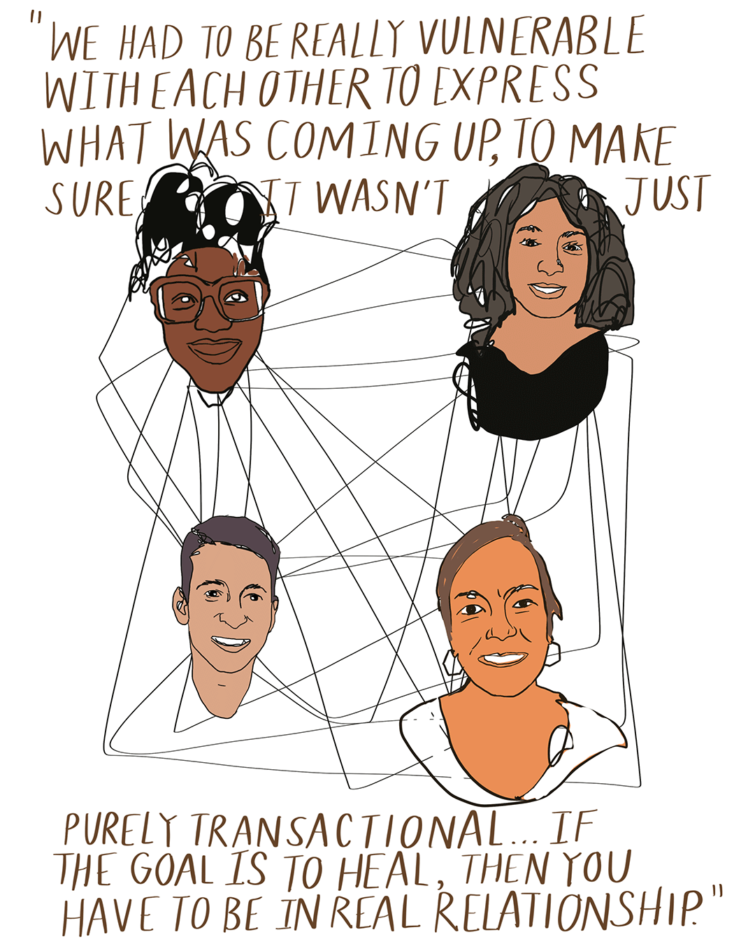 Illustration of four diverse faces connected by overlapping lines, with a large handwritten quote: “We had to be really vulnerable with each other to express what was coming up… If the goal is to heal, then you have to be in real relationship.”