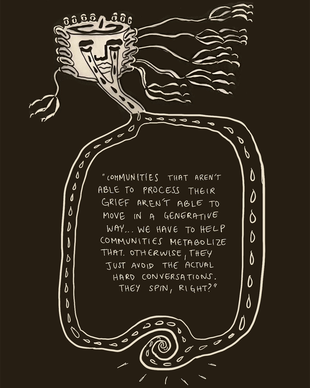 Hand-drawn white line art on a black background: a crying face at the top with long tears flowing into a large rounded frame containing the handwritten quote, “Communities that aren’t able to process their grief aren’t able to move in a generative way… We have to help communities metabolize that. Otherwise, they just avoid the actual hard conversations. They spin, right?” The tear stream ends in a spiral below.