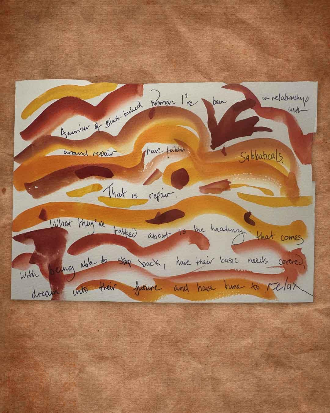 Rows of thick, curving, horizontal lines, in shades of ochre and brown watercolor or marker, on an ivory-colored sheet of paper. The top of the paper has a rough and uneven edge and the paper has a landscape aspect ratio, suggesting it was a page torn from a watercolor or sketch book. The lines are abstract and seem to suggest clouds, a plant, hills along the horizon, and water. Scattered between the painted lines are phrases written in cursive handwriting in black ink. The page itself is centered over what appears to be slightly wrinkled brown butcher paper that serves as a neutral background and not part of the artwork. 