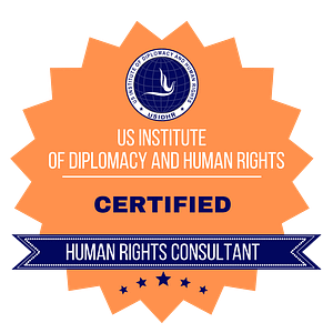 Website badge with text: US Institute of Diplomacy and Human Rights: Certified Human Rights Consultant