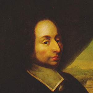 An old portrait painting of Blaise Pascal, a person with light skin, shown from the chest up in profile view. The individual has dark, shoulder-length hair and is dressed in period clothing, possibly from the 17th or 18th century, with a white collar visible. The lighting is focused on the face, while the background is dark, casting shadows that highlight the subject's features. The expression is calm and introspective, and the overall mood of the painting is subdued and historical.