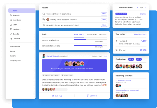 This image displays a digital interface for employee performance and collaboration tracking. It features a sidebar menu with options like Rewards, Incentives, Goals, and Feedback. The main content includes sections for upcoming actions, personal goals, announcements, points earned, and upcoming sync-ups. Additionally, it highlights recognitions, showing appreciation messages from team members. The design uses a white and blue color scheme, with various widgets for task management, celebrations, and progress tracking, aiming to foster engagement and productivity within a team.