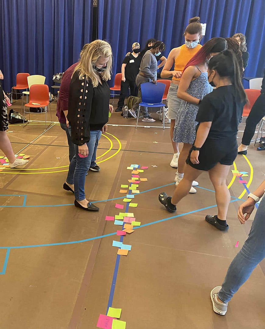 A group of people, including individuals with light and dark skin, are engaged in an activity in a room with blue curtains and colorful chairs. They are standing and walking along lines of tape on the floor, which are marked with colorful sticky notes. Some participants are wearing masks, and the activity seems to involve moving or organizing the sticky notes, possibly as part of a collaborative exercise or team-building activity. The atmosphere appears dynamic and interactive.