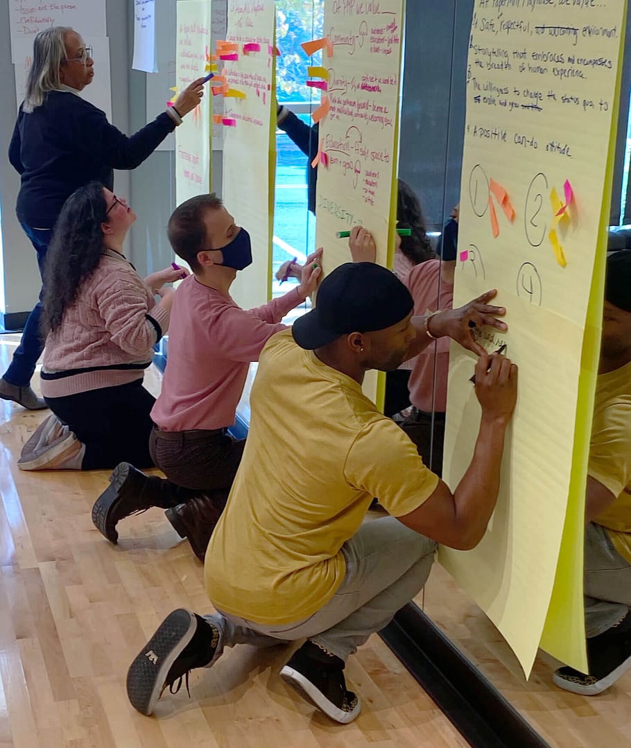 A group of four people are kneeling and standing in front of large sheets of paper on a mirrored wall, writing and placing sticky notes. The participants include a brown-skinned man in a yellow shirt and black cap, a light-skinned man in a pink shirt and face mask, a light-skinned woman with curly hair in a pink sweater, and Keryl McCord, a brown-skinned older woman with gray hair in a dark sweater. They appear to be engaged in a collaborative brainstorming or planning session.